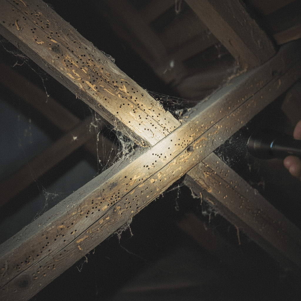 Holzbalken mit Schädlingsbefall